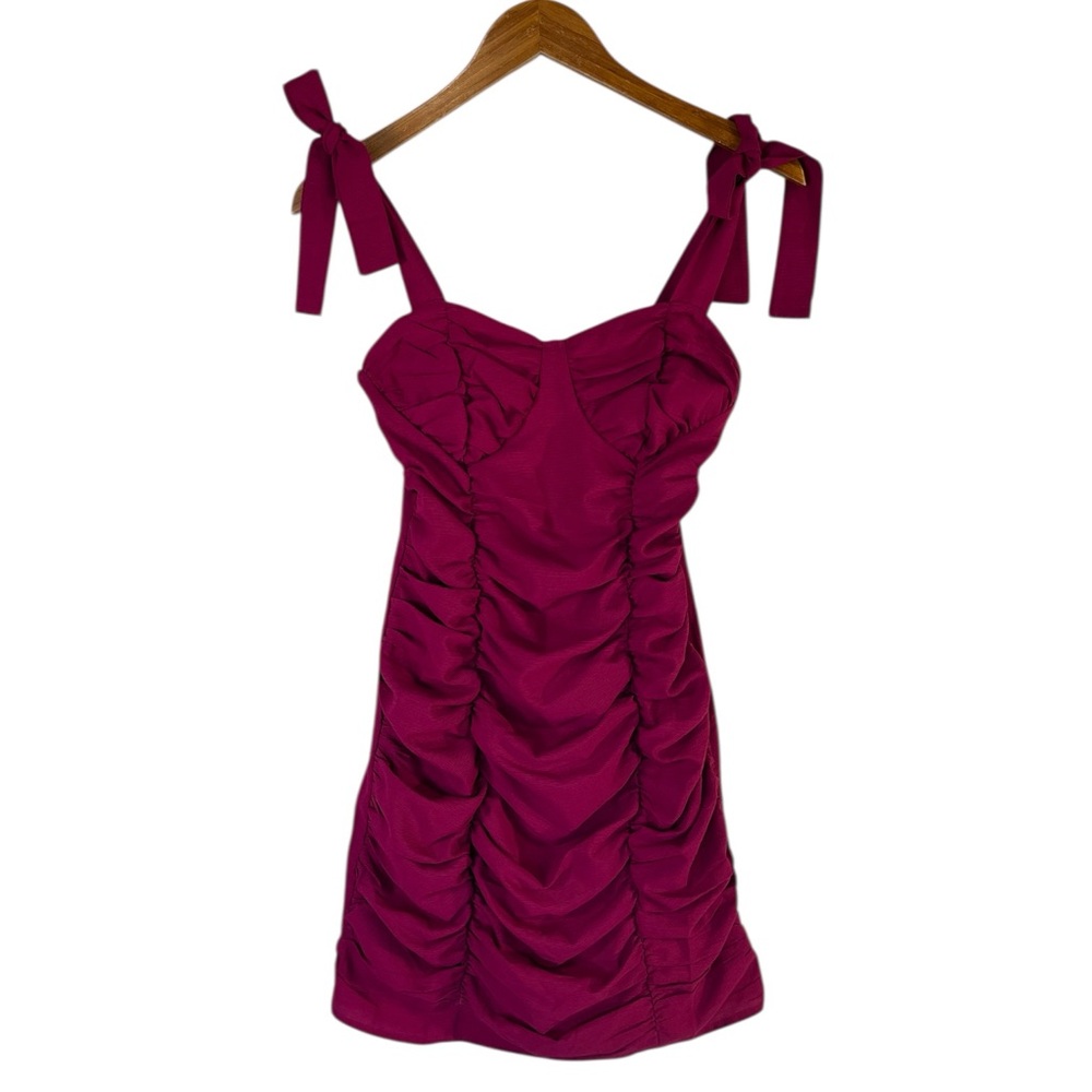 NWT PLT PrettyLittleThing Pink Plisse Detail Tie Strap Bodycon Dress Size 4 - Picture 3 of 7